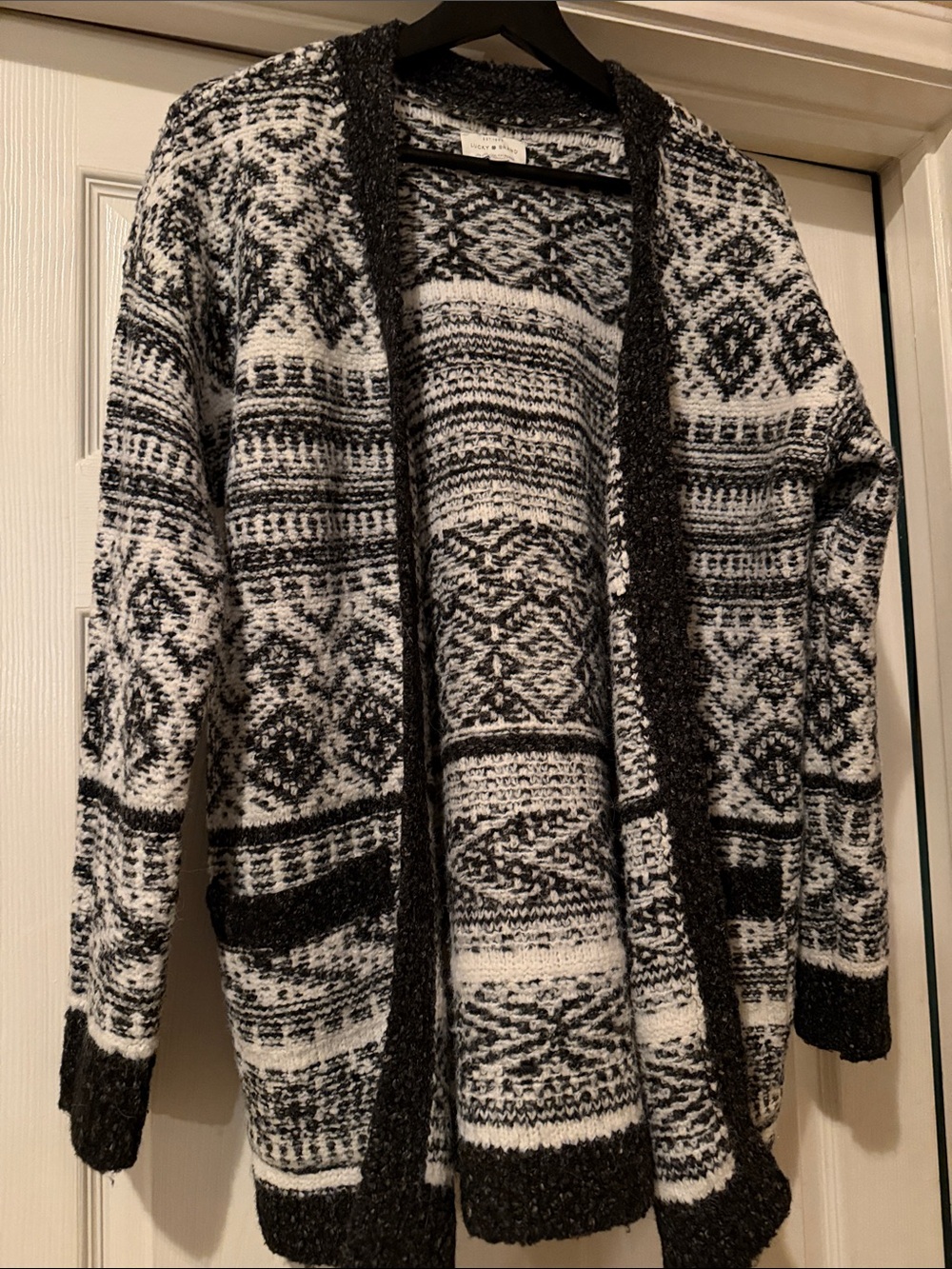 NWOT-Lucky Brand Charcoal Gray Patterned Open Front Wool Blend Cardigan-size M